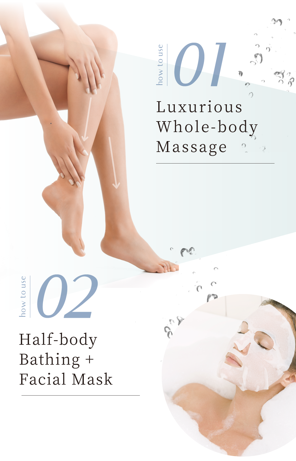 how to use 01 Luxurious Whole-body Massage how to use 02 Half-body Bathing + Facial Mask
