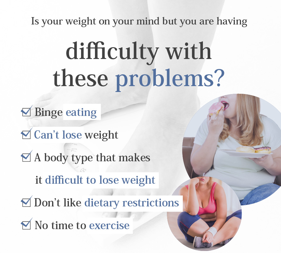 Is your weight on your mind but you are having difficulty with these problems? Binge eating Can’t lose weight A body type that makes it difficult to lose weight Don’t like dietary restrictions No time to exercise