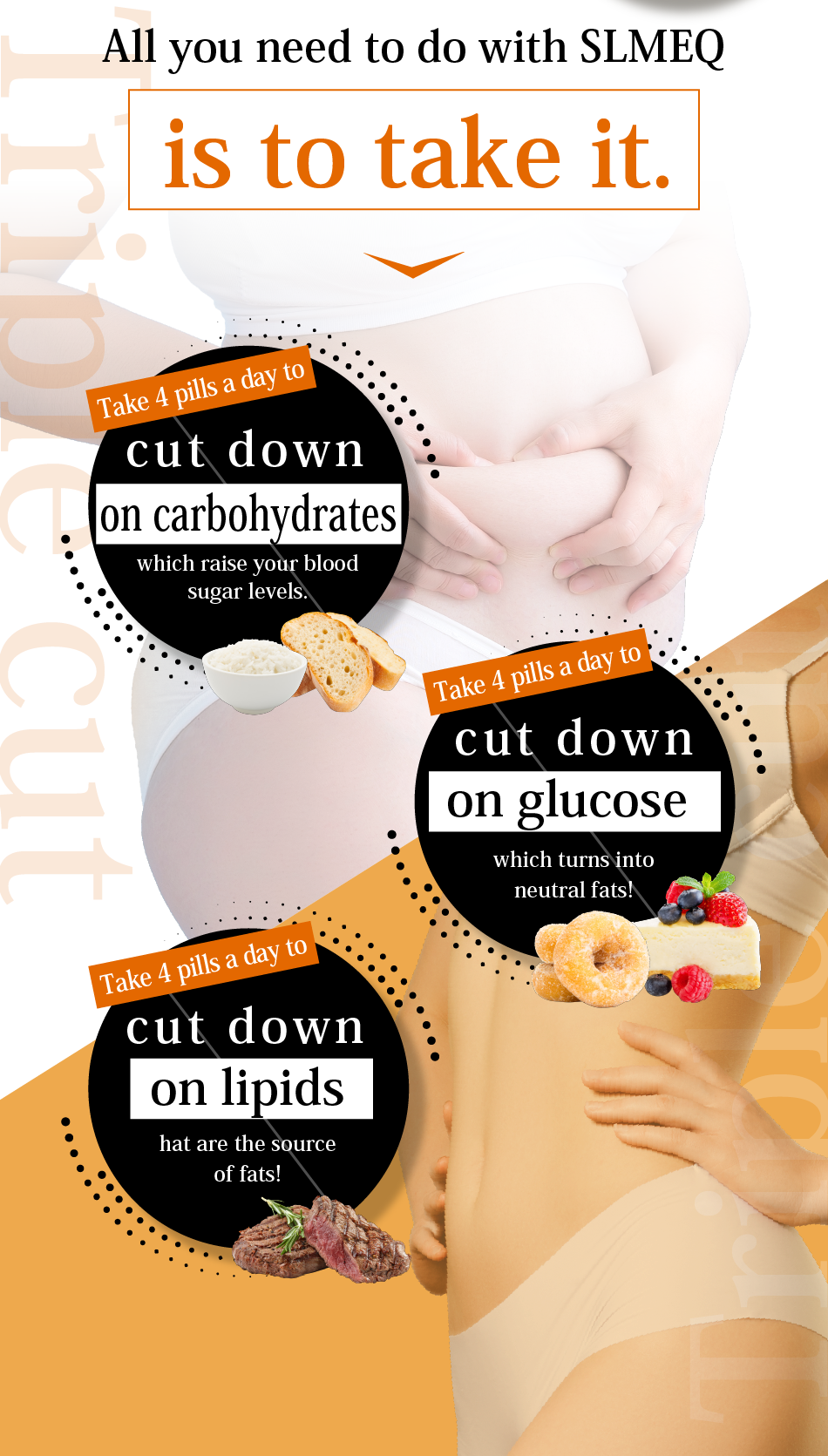 All you need to do with SLMEQ is to take it. Take 4 pills a day to cut down on carbohydrates which raise your blood sugar levels. Cut down on glucose which turns into neutral fats! Cut down on lipids that are the source of fats!