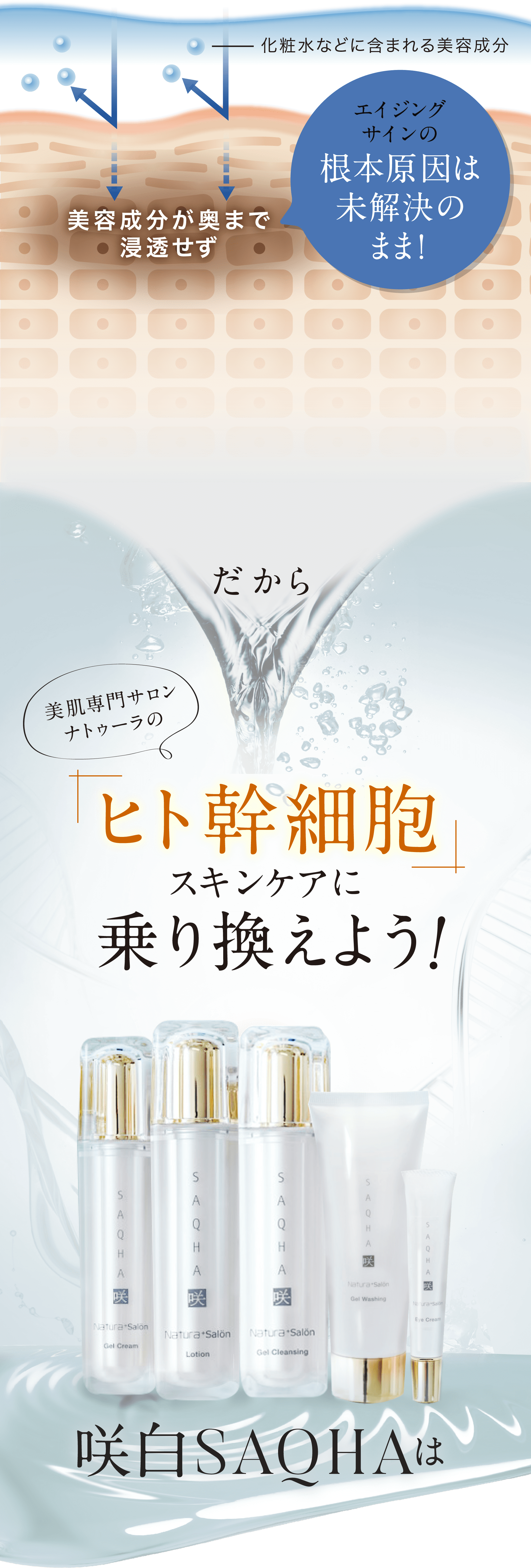 化粧水などに含まれる美容成分 美容成分が奥まで浸透せず エイジングサインの 根本原因は未解決のまま！ だから 美肌専門サロンナトゥーラの ヒト幹細胞 スキンケアに 乗り換えよう！ 咲白SAQHAは