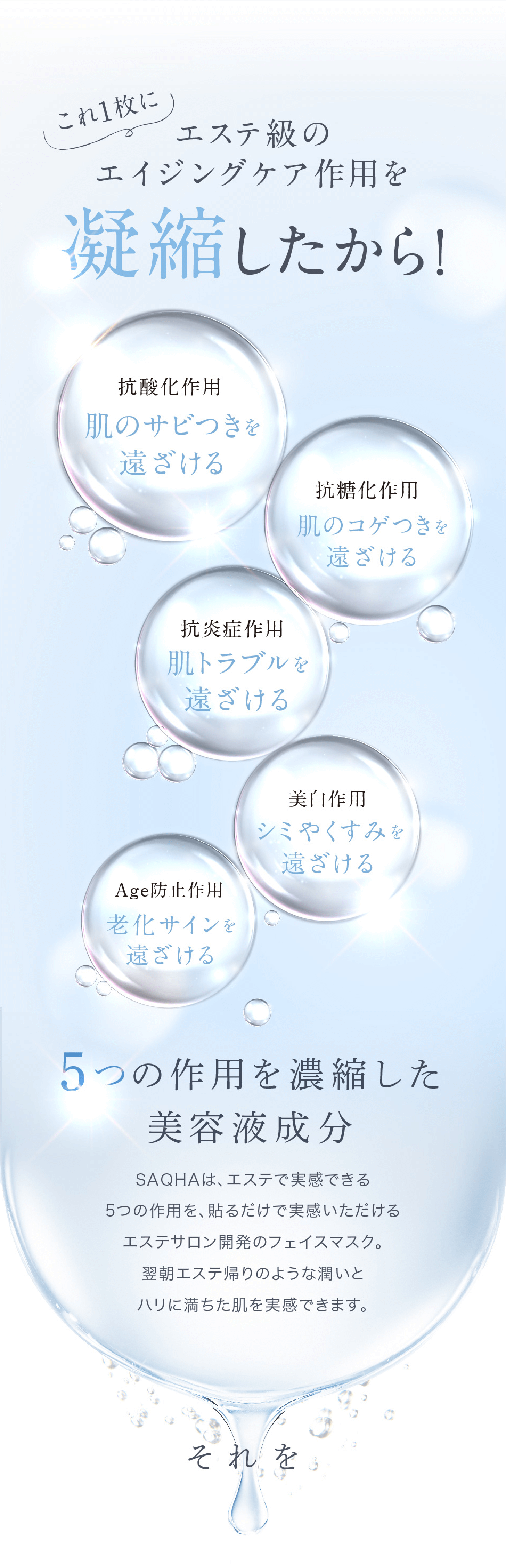 これ1枚にエステ級のエイジングケア作用を凝縮したから抗酸化作用肌のサビつきを遠ざける抗糖化作用肌のコゲつきを遠ざける抗炎症作用肌トラブルを遠ざける美白作用シミやくすみを遠ざけるAge防止作用老化サインを遠ざける5つの作用を濃縮した美容液成分SAQHAは、エステで実感できる5つの作用は、貼るだけで実感いただけるエステサロン開発のフェイスマスク。翌朝エステ帰りのような潤いとハリに満ちた肌を実感できます。