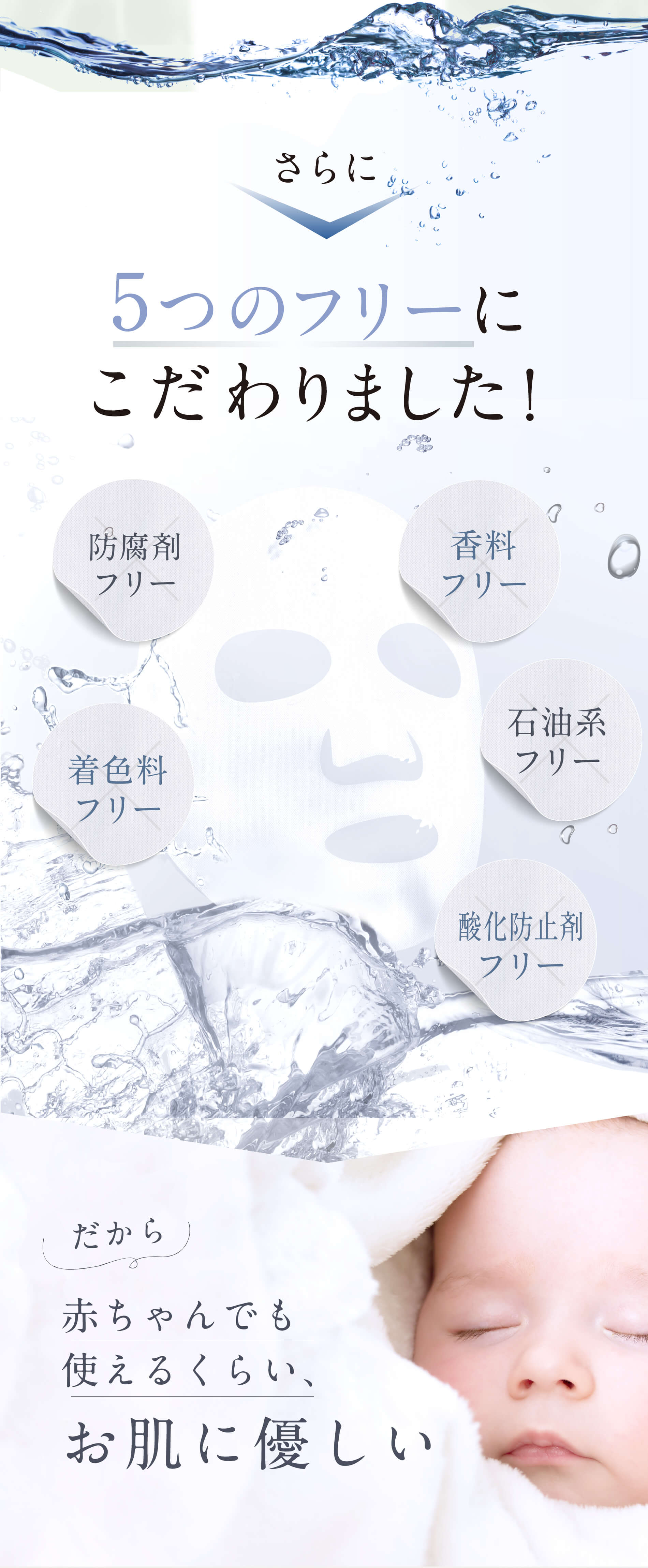 さらに5つのフリーにこだわりました!防腐剤フリー 香料フリー 着色料フリー 石油系フリー 酸化防止剤フリー だから赤ちゃんでも使えるくらい、お肌に優しい